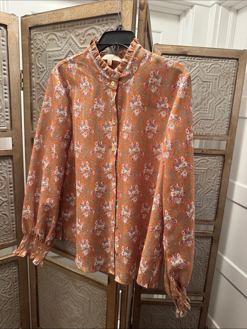 Etcetera Orange Floral Ruffle-Neck Button-Down Blouse